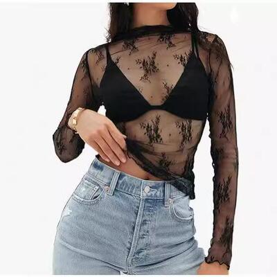Buenoble Womens Mesh Sleeve Tops Crew Neck Sexy See Through