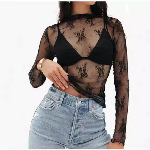 Buenoble Womens Mesh Sleeve Tops Crew Neck Sexy See Through