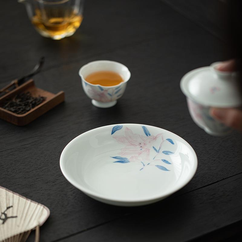 有田烧手绘百合壶承家用圆形干泡盘小型茶台中式茶点盘茶壶托壶垫