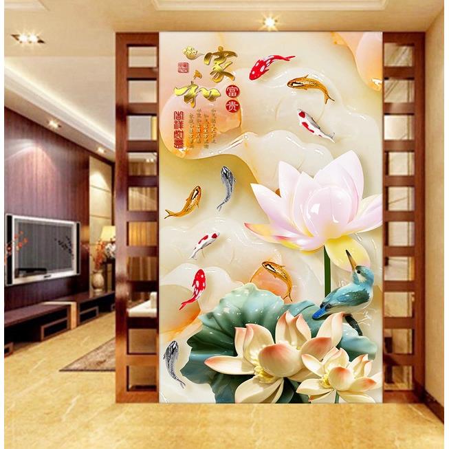 自粘贴纸荷花九鱼图装饰画客厅餐厅无框贴画竖版走廊过道壁画玄关图片