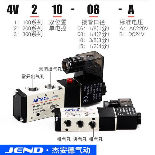 亚德客原装两位五通电磁阀4V210-08换向气阀4V110-06/4V310-10A-B