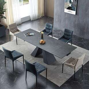 轻奢岩板可伸缩餐桌意式 极简小户型折叠饭桌长方形亮光餐桌椅组合