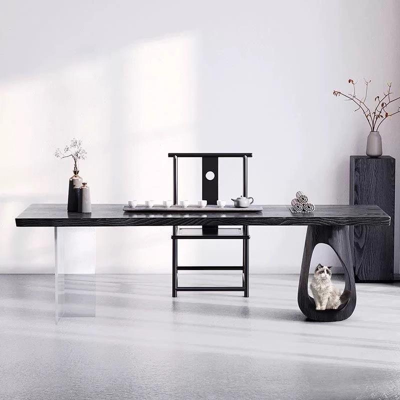 亚克力悬浮茶桌客厅家用实木长方形桌创意岛台大板洽谈桌餐桌一体