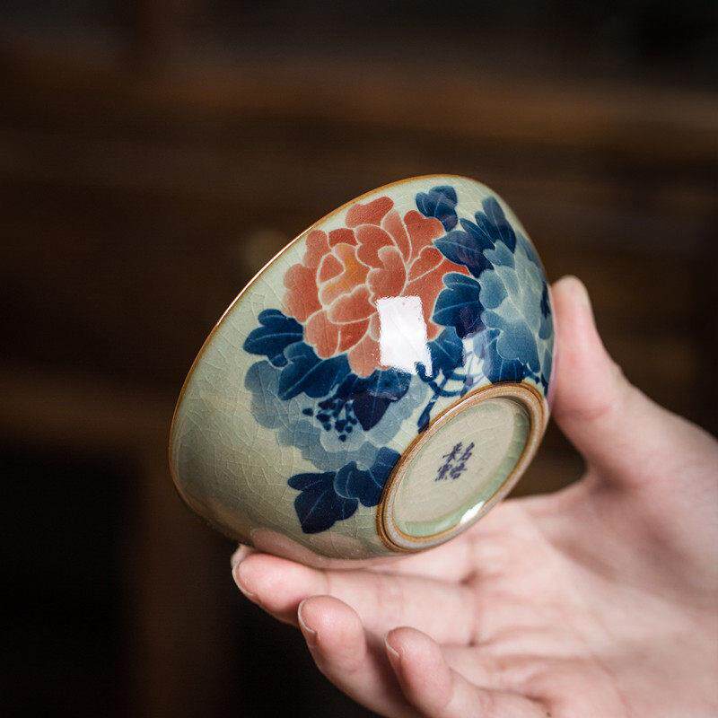 景德镇柴窑青花普洱杯 手绘牡丹老泥茶杯 内外画 画裂纹釉陶瓷主