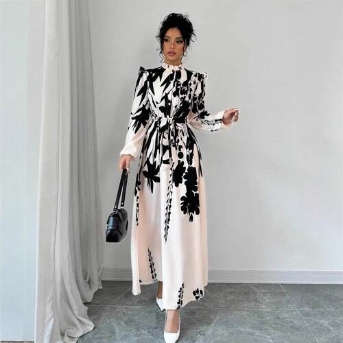 Women's floral waistband long sleeved line dress with