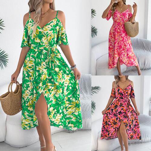 Off shoulder cross neckline floral suspender long dress