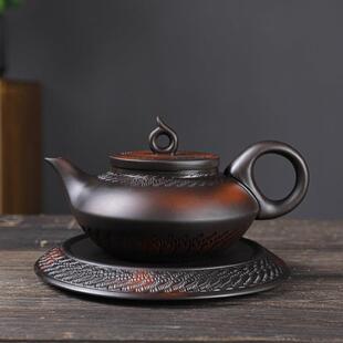 紫陶茶壶覆古紫砂壶浮雕紫泥手工壶建水手抓家用陶瓷功夫茶具单壶