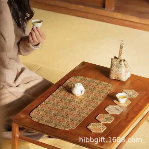 知舍新品金编如意莲纹干泡席复古中式茶桌台布垫双面禅意布艺桌旗