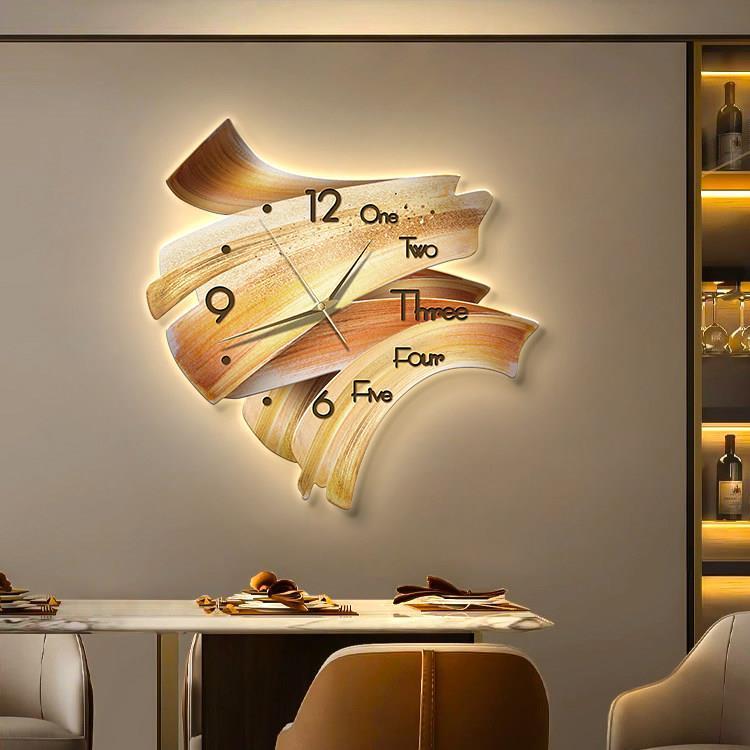 轻奢风高档饭厅钟表装饰画简约客厅创意挂钟灯画饭厅静音时钟壁画