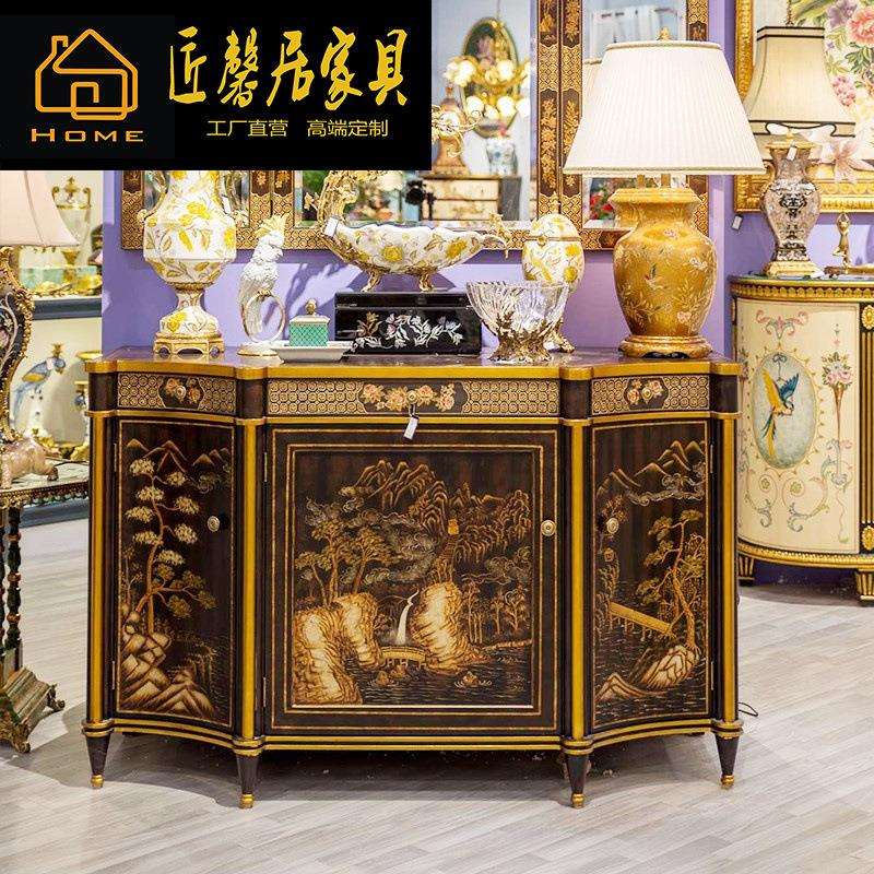 法式新古典中国风玄关美式复古手绘棕色风景绘画玄关柜家具