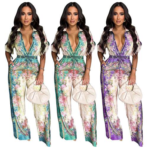 Women'S Vintage Floral Print Turn-Down Collar Roll Up Sleeve