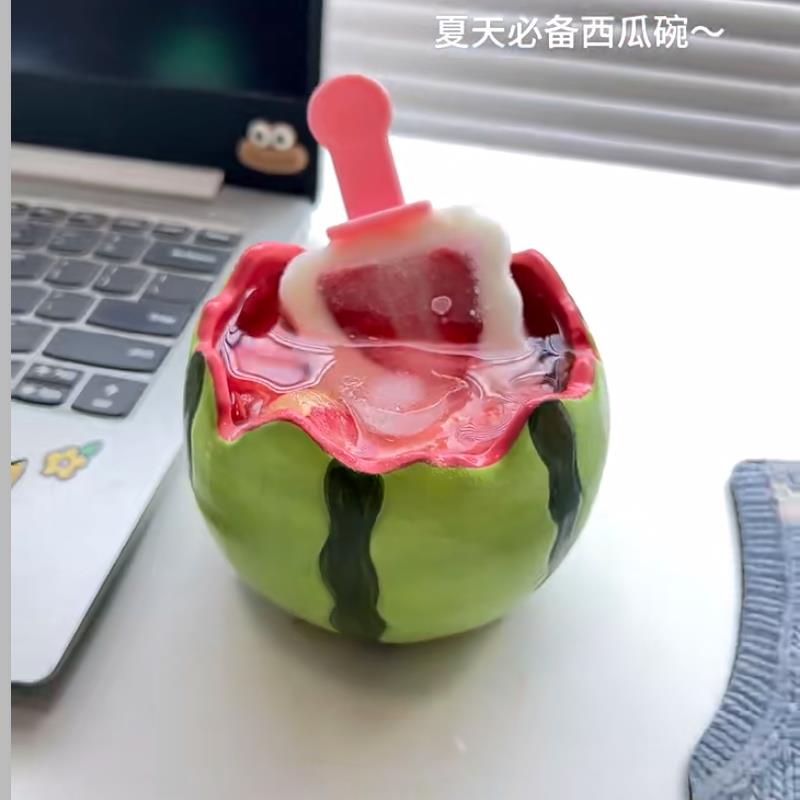 创意夏天西瓜碗陶瓷西瓜碗收纳多功能工位摆件沙拉碗高颜值冰沙碗