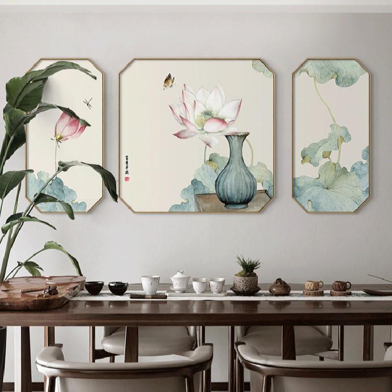 中式八边形三联画 客厅背景组合挂画禅意荷花装饰画支持来图