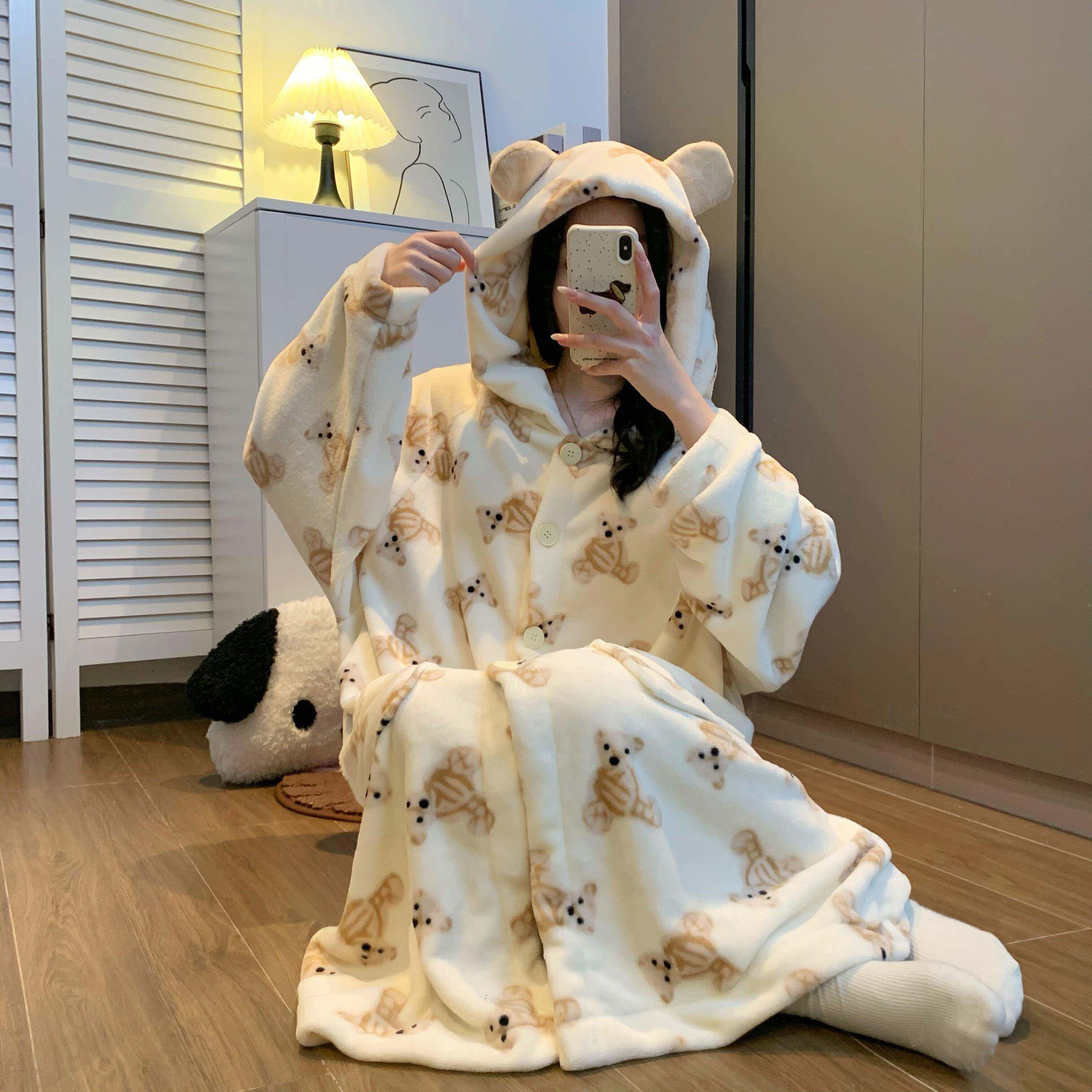 睡衣法兰绒小熊睡袍女秋冬季加厚可爱扣子少女珊瑚绒裙子1027d