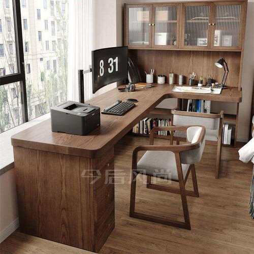 复古转角书桌全实木电脑桌L型办公学习桌七字型靠墙工作台带书柜