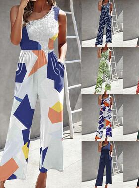 Women's jumpsuit slanted shoulder top printed waist