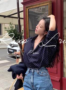 RIXO LRIS法式藏蓝色波点衬衫女春秋新款宽松显瘦设计感长袖上衣