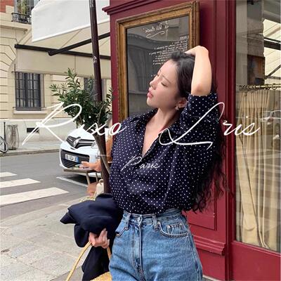 RIXO LRIS法式藏蓝色波点衬衫女春秋新款宽松显瘦设计感长袖上衣