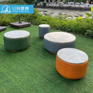 室内客厅轻奢圆形大小茶几户外花园庭院外摆大理石编织茶桌台组合