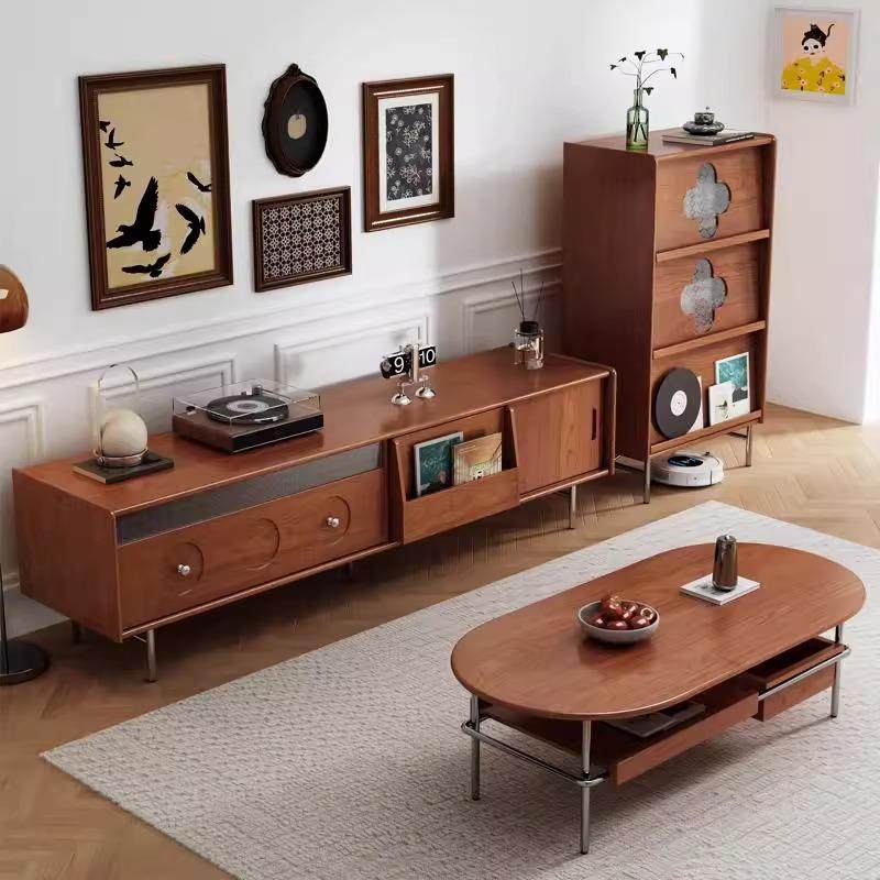 法式复古风实木茶几电视柜组合中古风小户型客厅电视机边储物柜子