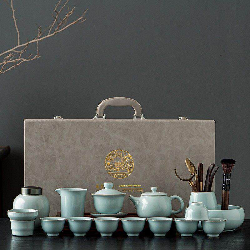 汝窑功夫茶套装礼盒家用全套陶瓷开片可支持茶具企业礼品定制