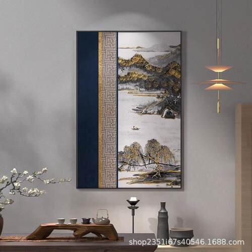 新款直销新中式轻奢客厅竖版装饰画圆明园楼梯餐厅走廊背景墙壁玄