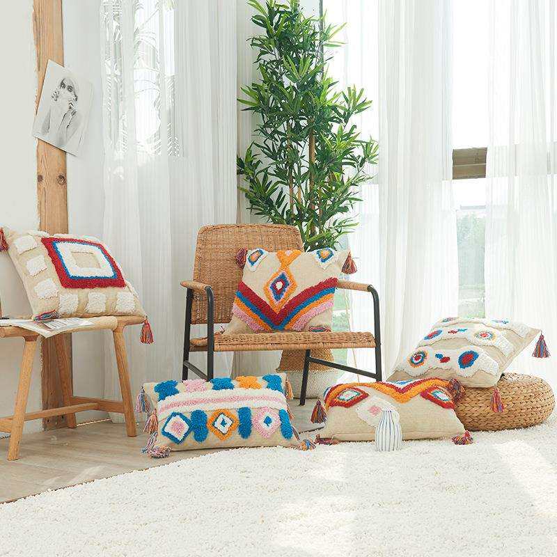 现货轻奢复古流苏立体簇绒抱枕套美式乡村沙发靠枕套靠垫套