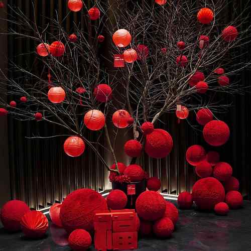 新年春节装饰商场店铺大厅红色灯笼树中式许愿树拍照打卡美陈布置