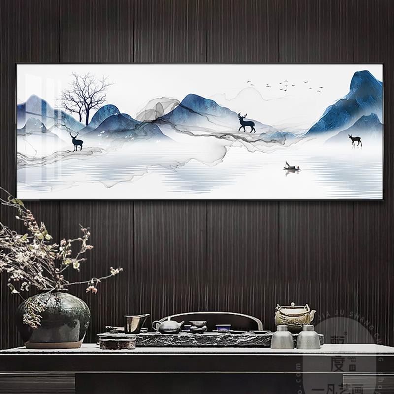 抽象山水墨画蓝色新中式客厅装饰画沙发背景墙画卧室床头晶瓷挂画图片