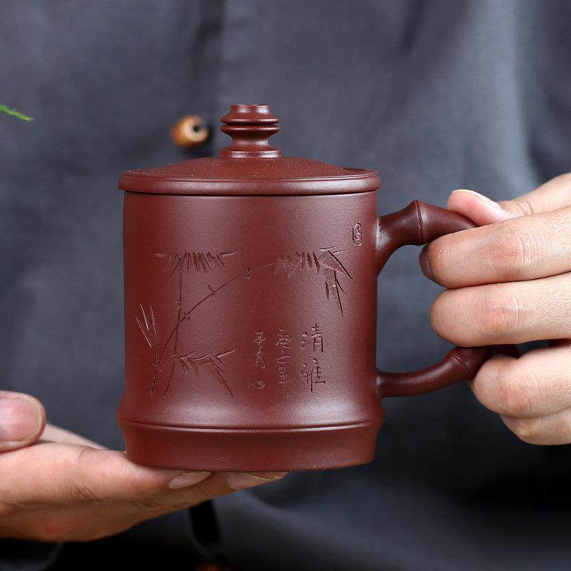 中言宜兴紫砂杯纯全手工办公泡茶杯子大容量盖杯原矿紫泥刻竹水杯