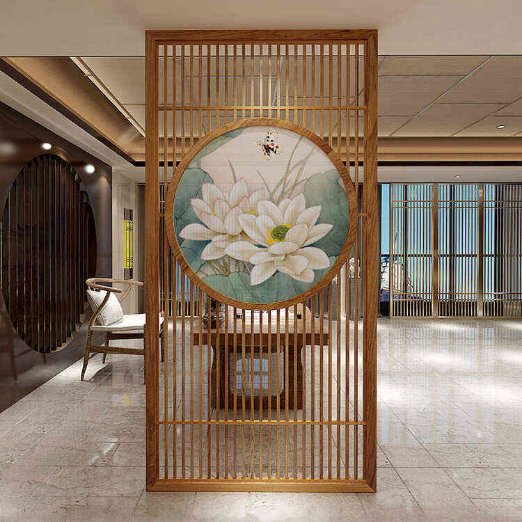 入户玄关轻奢带画实木遮挡 办公室书房茶室隔断屏风 东阳松木屏风