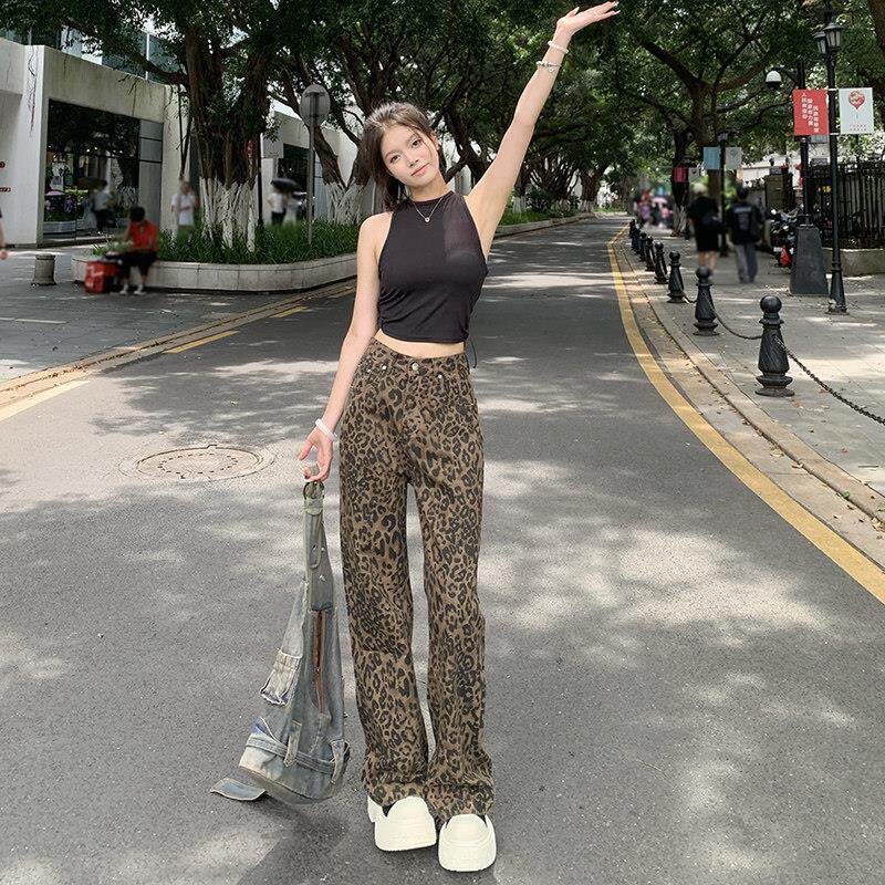 2025年新款豹纹美式牛仔裤女春秋款复古夏季阔腿高腰直筒窄版裤子