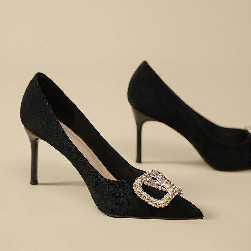 Cozyroom水钻高跟鞋女春秋黑色绒面细跟职业性感气质高级感不累脚