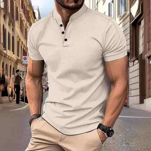 Men's short sleeved stand up collar fabric short sleeved