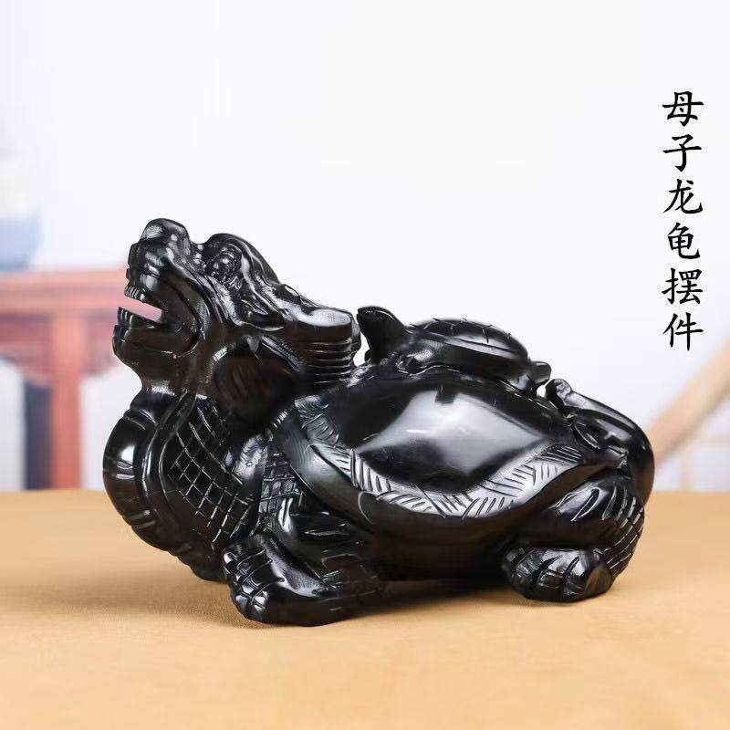 天然黑曜石龙龟摆件黑墨玉龙龟母子龟玄关客厅书房工艺品装饰摆件