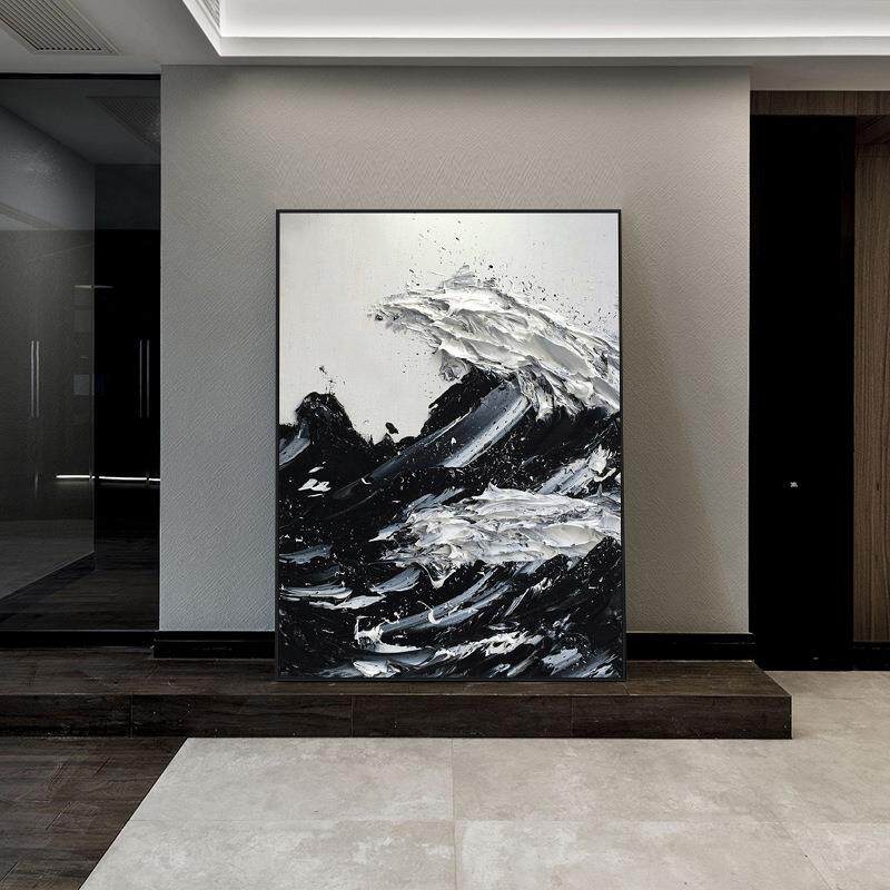手绘肌理海浪壁画立体玄关入户客厅落地墙面装饰画高级黑白灰挂画