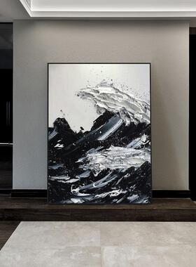 手绘肌理海浪壁画立体玄关入户客厅落地墙面装饰画高级黑白灰挂画