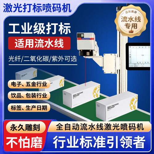 飞行激光打标机流水线生产日期喷码机子PE塑料袋纸盒化妆品在线