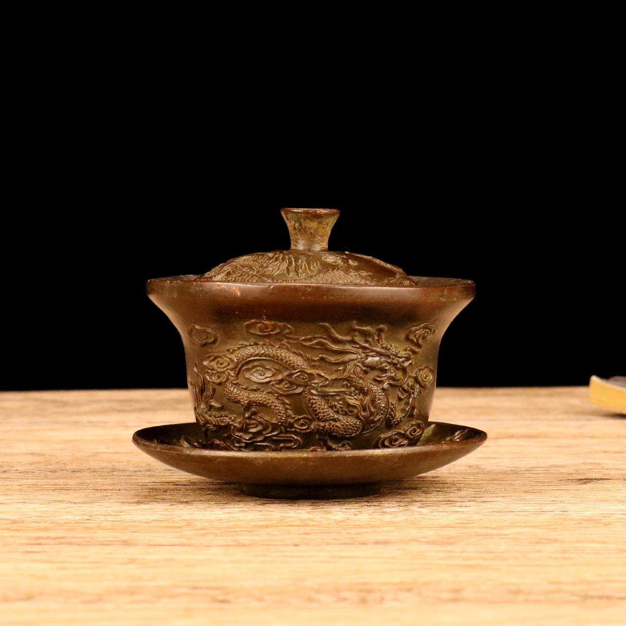 古玩收藏仿铜龙凤盖碗茶盅摆件做旧合金茶盖碗摆设工艺品