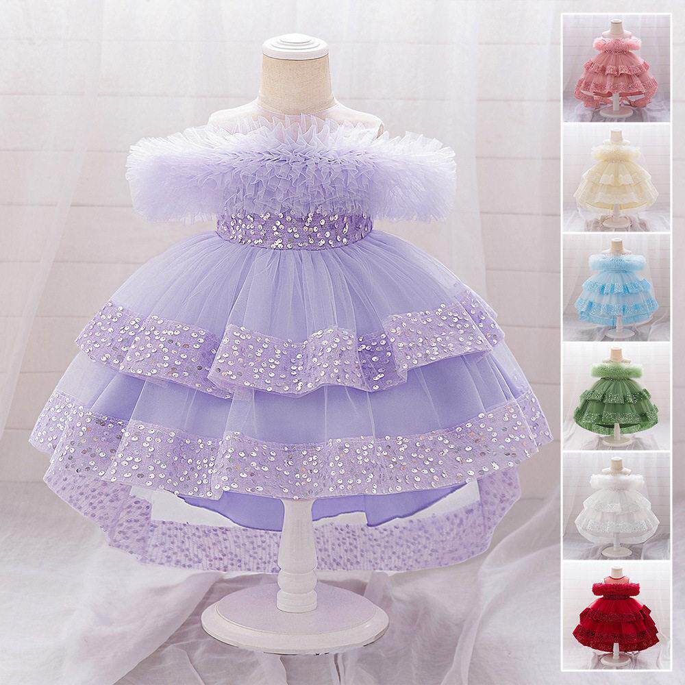pink sequin trailing puffy baby girl clothes christening