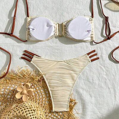 Color blocked U-shaped lace up bikini 拼色U型系带褶皱比基尼