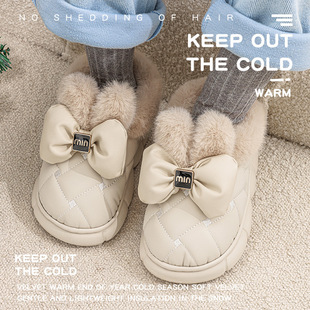 防滑毛绒绒保暖月子鞋 女士包跟冬季 外穿保暖棉鞋 棉拖鞋 蝴蝶结 新款