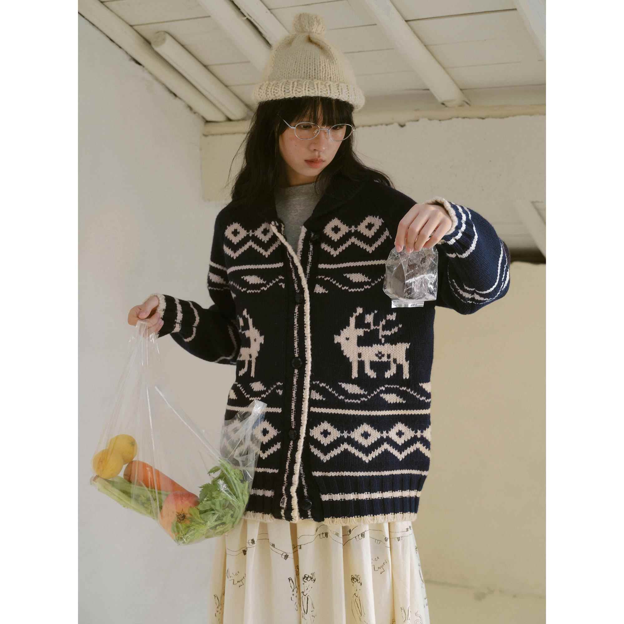 一方二集 藏青新色粗棒针麋鹿提花全羊毛针织开衫加厚大毛衣外套