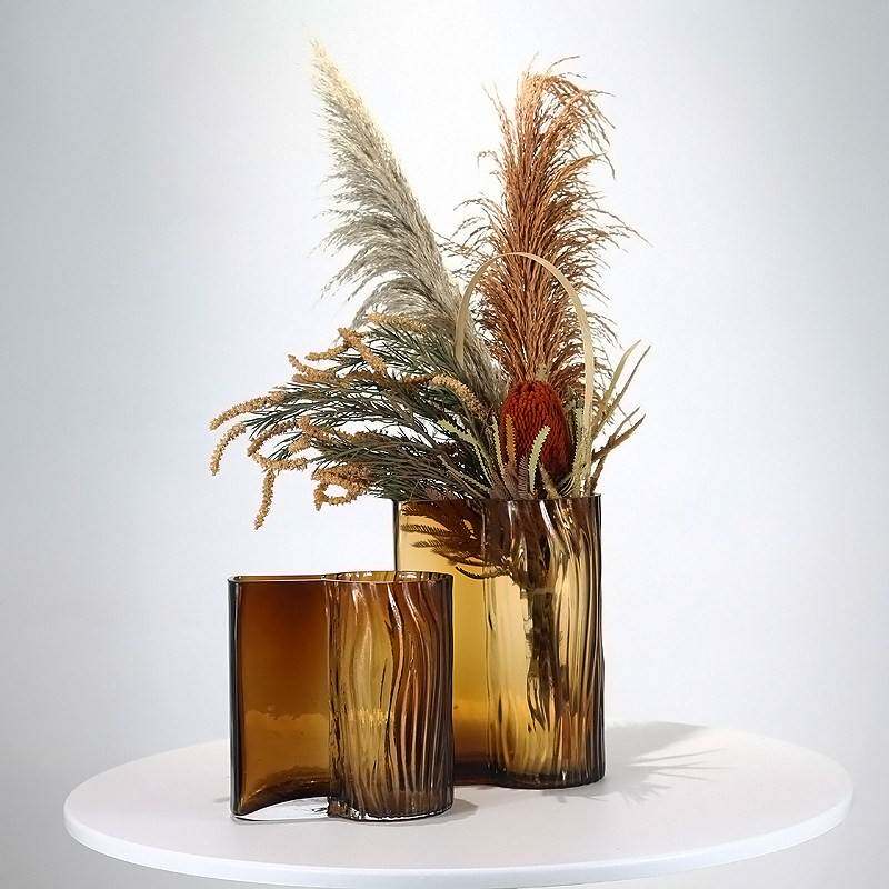 现代简约琥珀色玻璃花瓶摆件客厅茶几彷真花艺插花样板房软装饰品