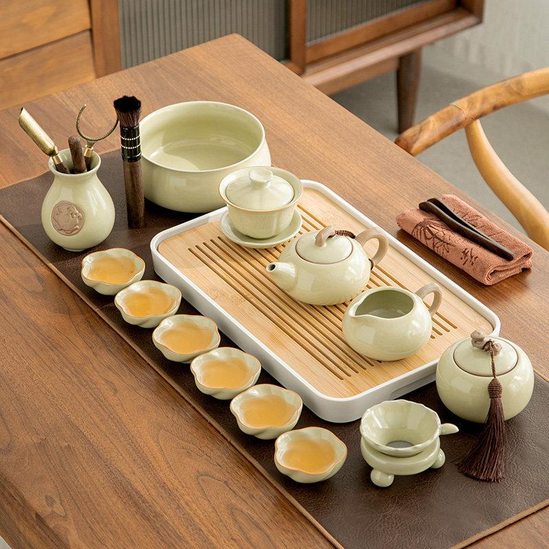 2025新款汝窑功夫茶具整套陶瓷泡茶壶盖碗茶杯盘家用轻奢喝茶套装