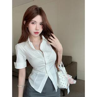 韩式女式V领腰紧身白色短袖衬衫夏季纯欲望制服优雅工作服衬衫上