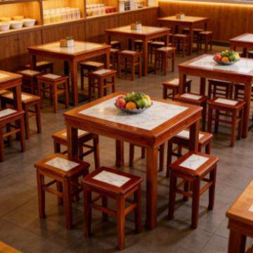 仿古中式小方桌面馆饭店桌椅大理石实木糖水凉茶店餐桌椅组合4人