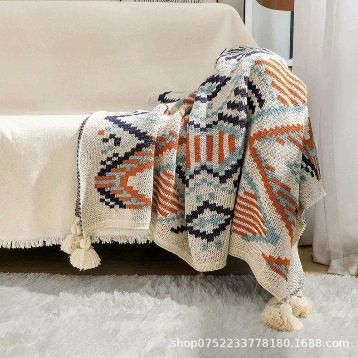 北欧风针织毯办公室午睡毯沙发毯子单人披肩盖毯波西米亚民宿毛毯