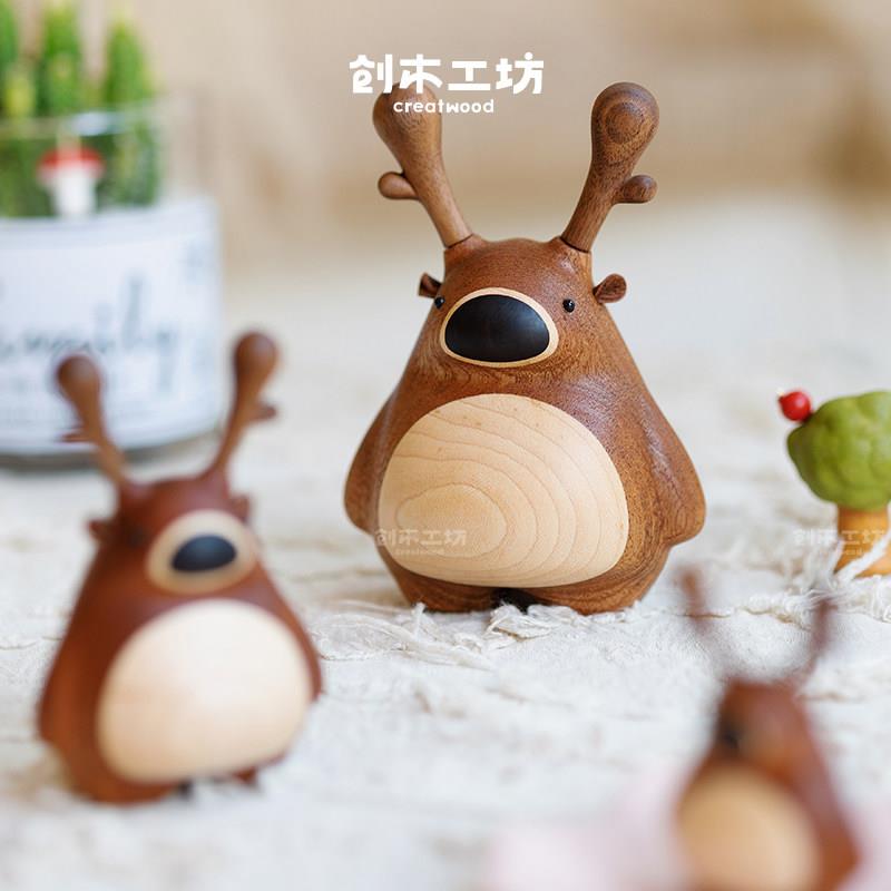 阖家福鹿/实木质一家三口小鹿可爱一鹿平安车载桌面家居摆饰饰品