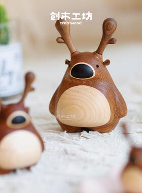 阖家福鹿/实木质一家三口小鹿可爱一鹿平安车载桌面家居摆饰饰品